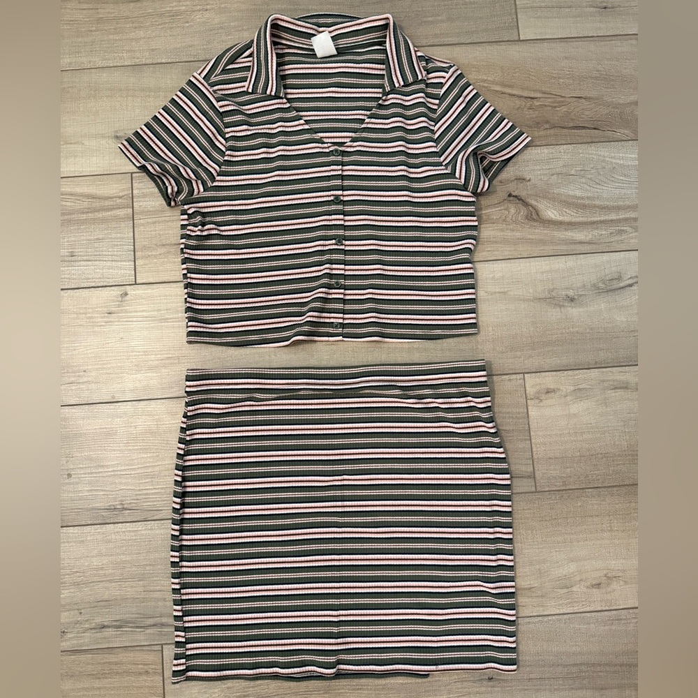 No Boundaries Green and Pink Striped Mini Skirt
Crop Top Set